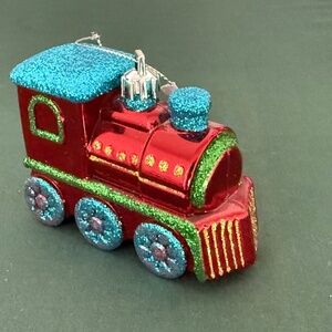 Von Maur Christmas Ornament Train Locomotive Glitter Blown Glass 3" x 4" x 1.5"